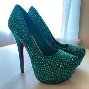 Studded Platform Red Bottom Heels, teal, women’s 7